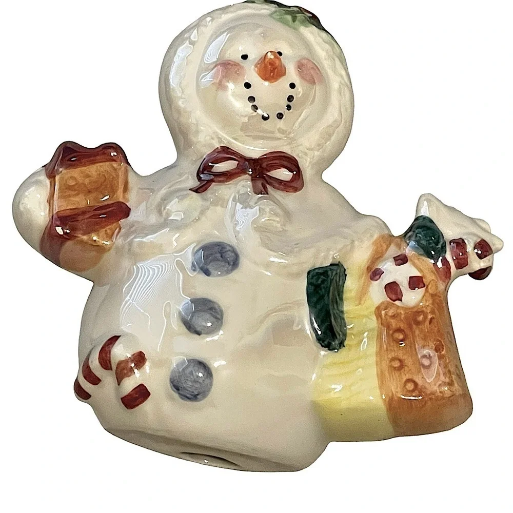 Set of 8 Vintage Pearlescent Ceramic Snowmen or Snow People Ornaments